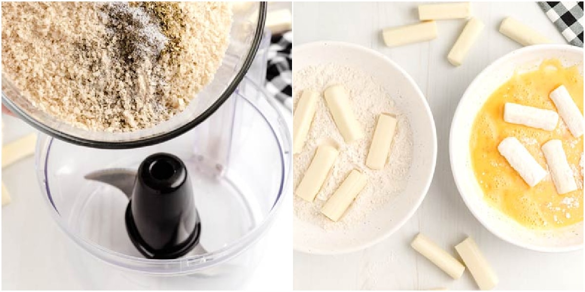 a collage of how to make cheese sticks showing making the bread mixture and coating the cheese sticks in flour and eggs.