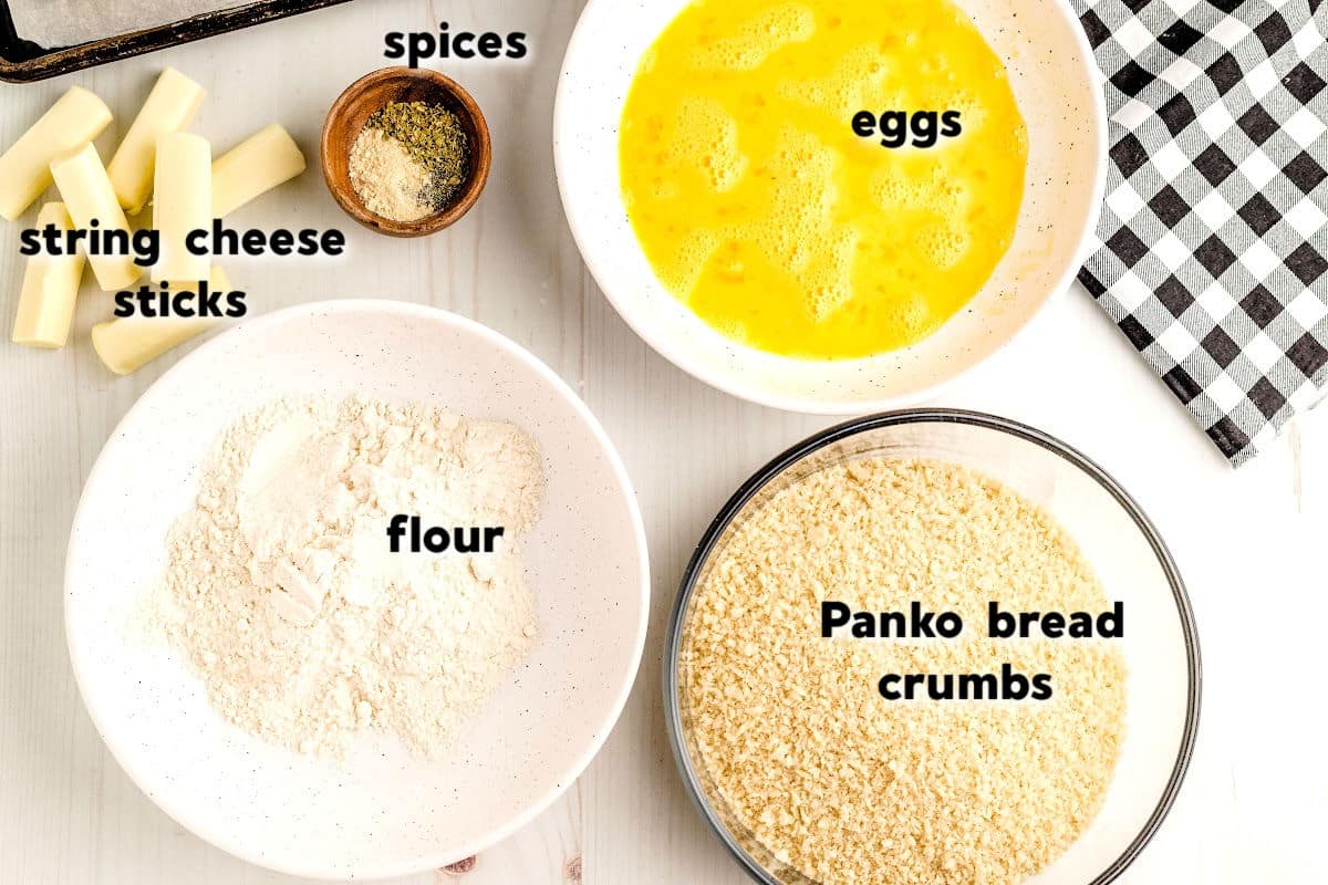 ingredients for string cheese mozzarella sticks with text overlay