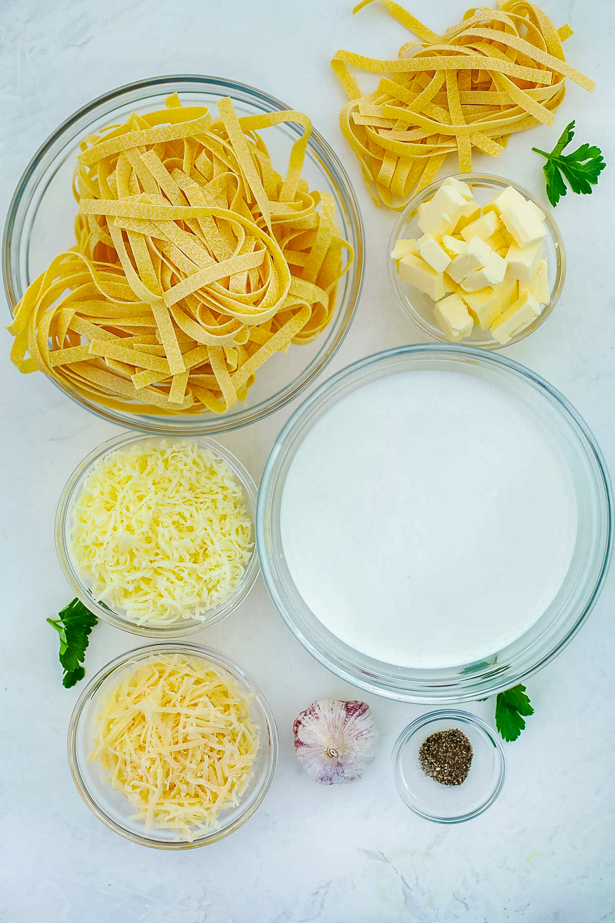 An overhead picture of all of the ingredients needed to make this recipe.