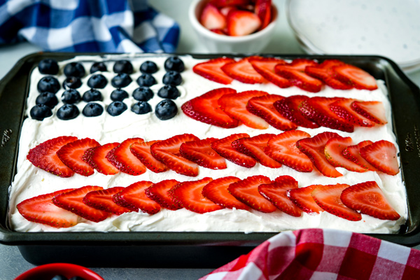 Close up picture of the finished 4th of July Poke Cake.