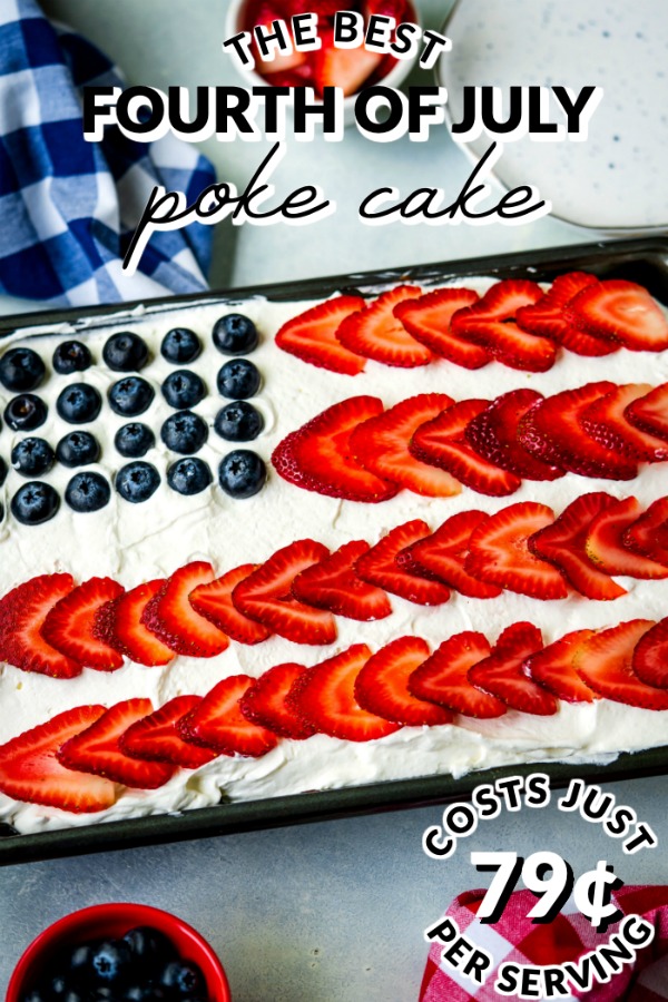 Finished 4th of July Poke Cake with text overlay for Pinterest.