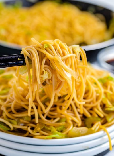 Chopsticks picking up some Copycat Panda Express Chow Mein.