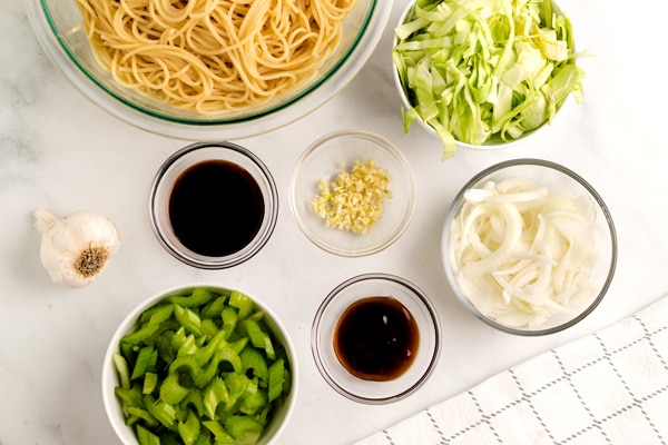 An overhead picture of all of the ingredients needed for the Panda Express Chow Mein recipe.