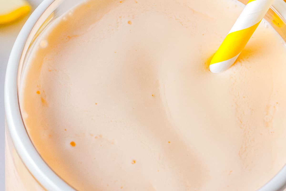 A close-up of the copycat Chick-fil-A frozen lemonade so you can see the texture and consistency of the drink.