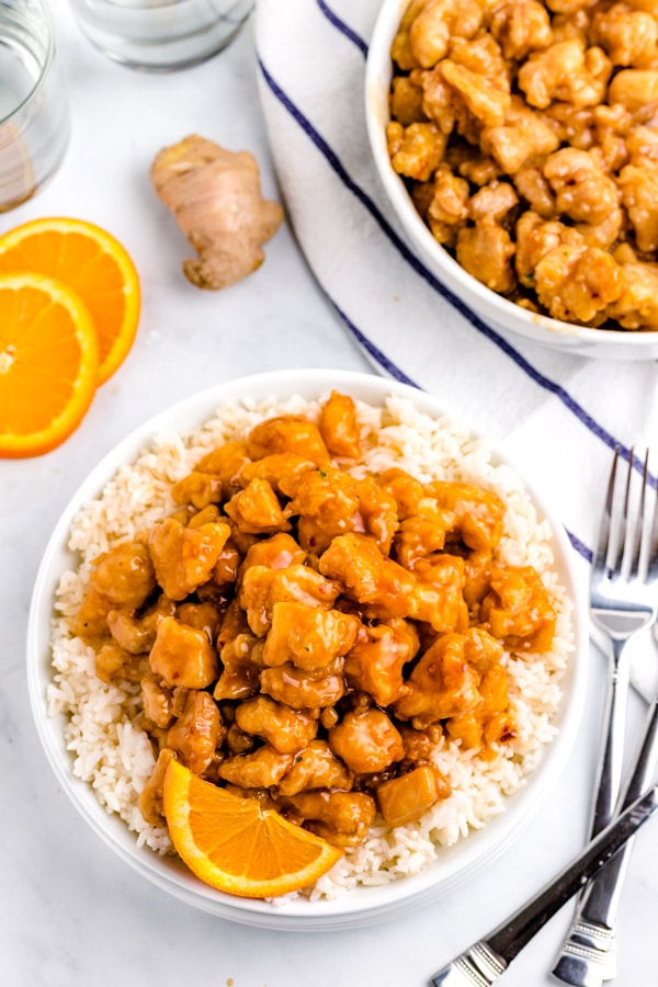 Overhead picture of the finished Panda Express Orange Chicken copycat recipe.