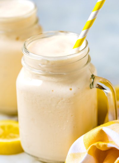 Close up picture of Frosted Lemonade in a glass.