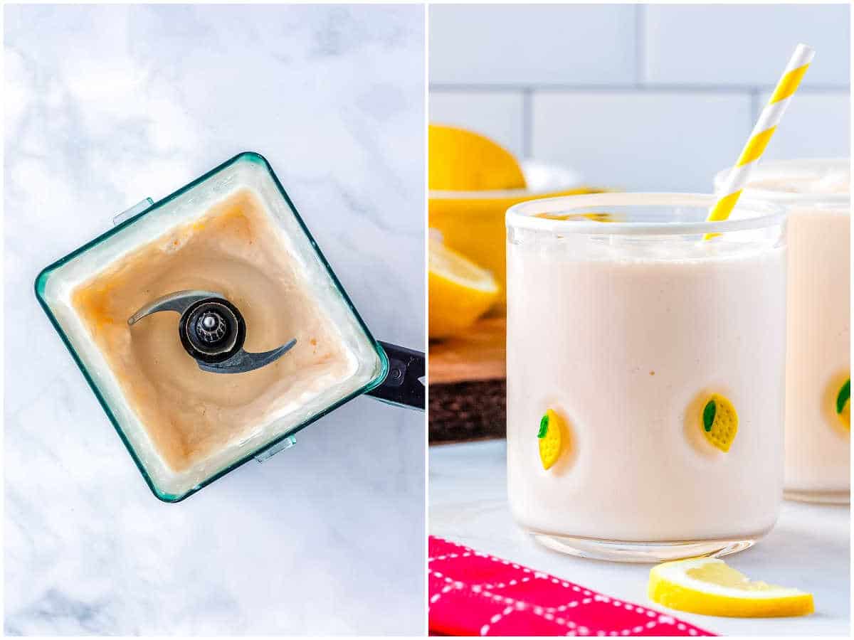 a collage showing how to make frosted lemonade by blending the ice cream into the other ingredients and pouring into a glass for serving
