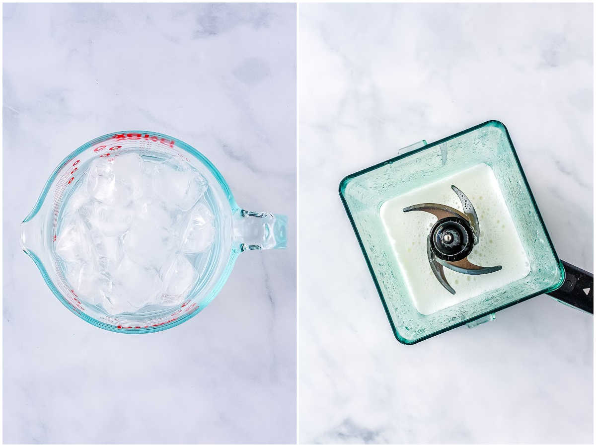 a collage showing how to make frosted lemonade by chilling water in ice and then blending ingredients in the blender