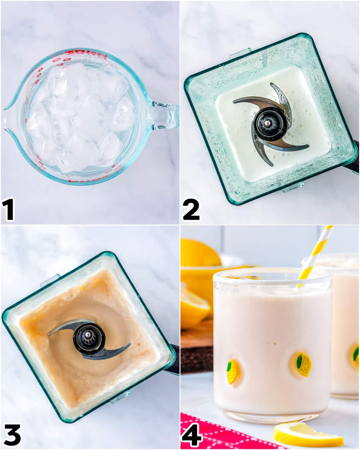 A picture collage showing how to make this recipefrom chilling the water, to blending the wet ingredients, to blending in the ice cream and serving.