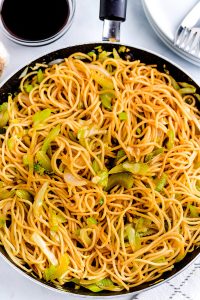 Overhead picture of copycat chow mein in a pan.