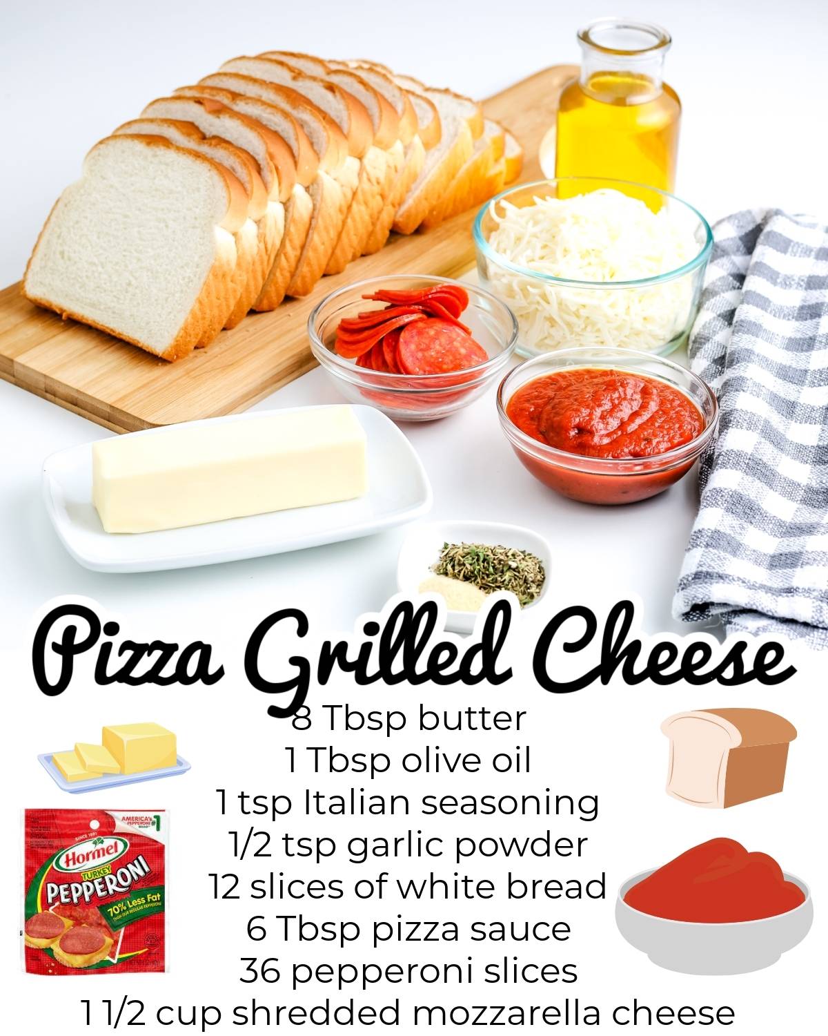 All of the ingredients needed to make this Pizza Grilled Cheese recipe.
