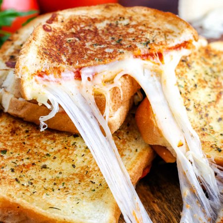 A close up picture of the finished Pizza Grilled Cheese sandwich.