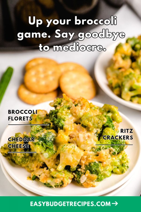 Finished slow cooker broccoli casserole with text overlay for Pinterest.