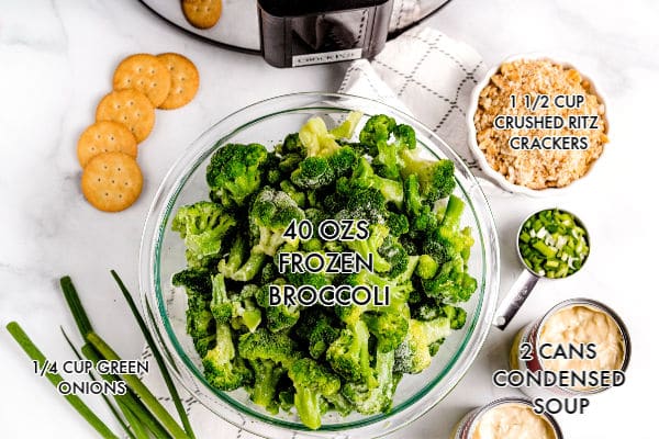 An overhead picture of all of the ingredients needed to make the broccoli casserole.