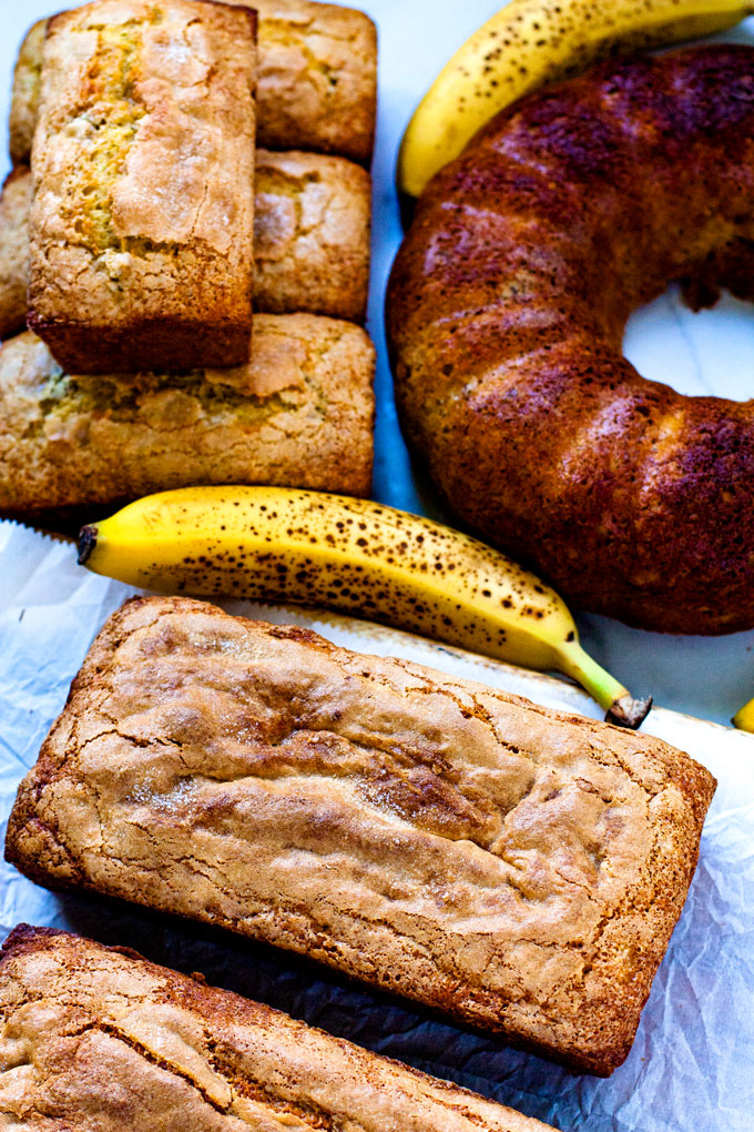 Cake Mix Banana Bread made in 3 differnt pans: regular bread pans, small bread pans, and bundt pans.