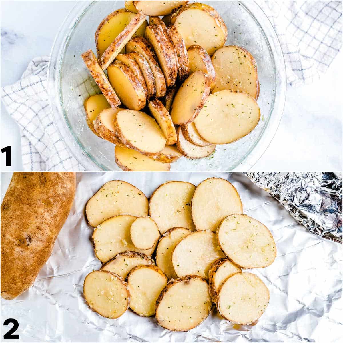 A picture collage showing the potato slices coated in the butter mixture and on a piece of foil.