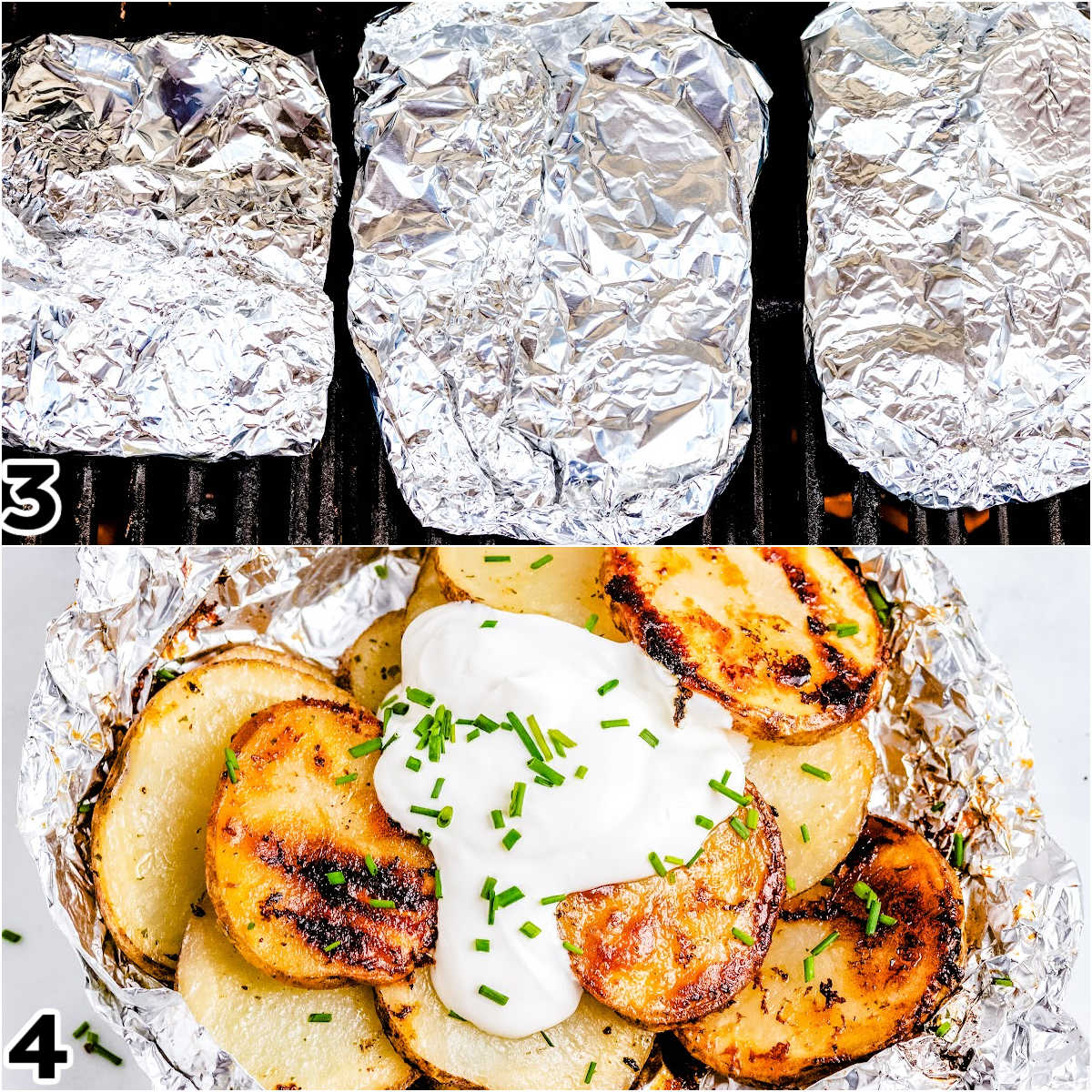 The foil packets on the grill before and after cooked.