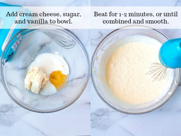 Steps 1 and 2 - add the cream cheese, sugar, and vanilla to the bowl. Beat until smooth and combined.