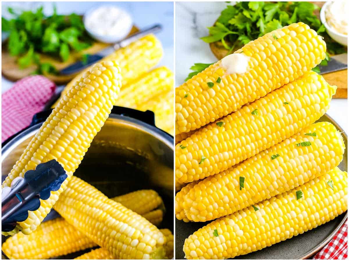 a collage showing how to make corn on the cob by removing it from the instant pot and adding desired toppings