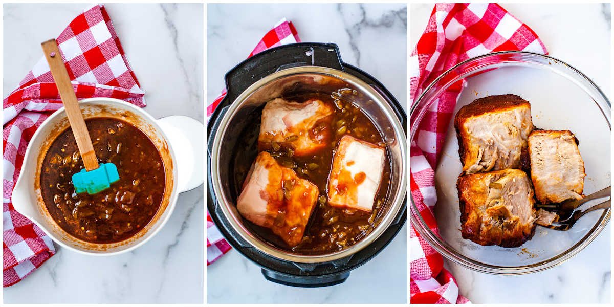 a collage showing how to make instant pot pulled pork by mixing the sauce ingredients, pouring the sauce over the pork pieces, and removing the pork after cooking.