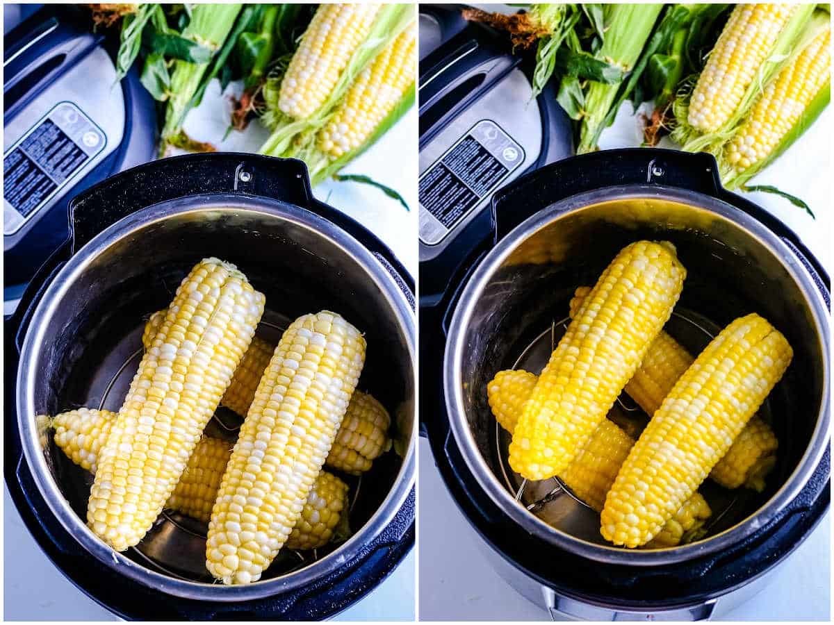 a collage showing how to make instant pot corn by putting the corn in the instant pot and after releasing the sealing valve