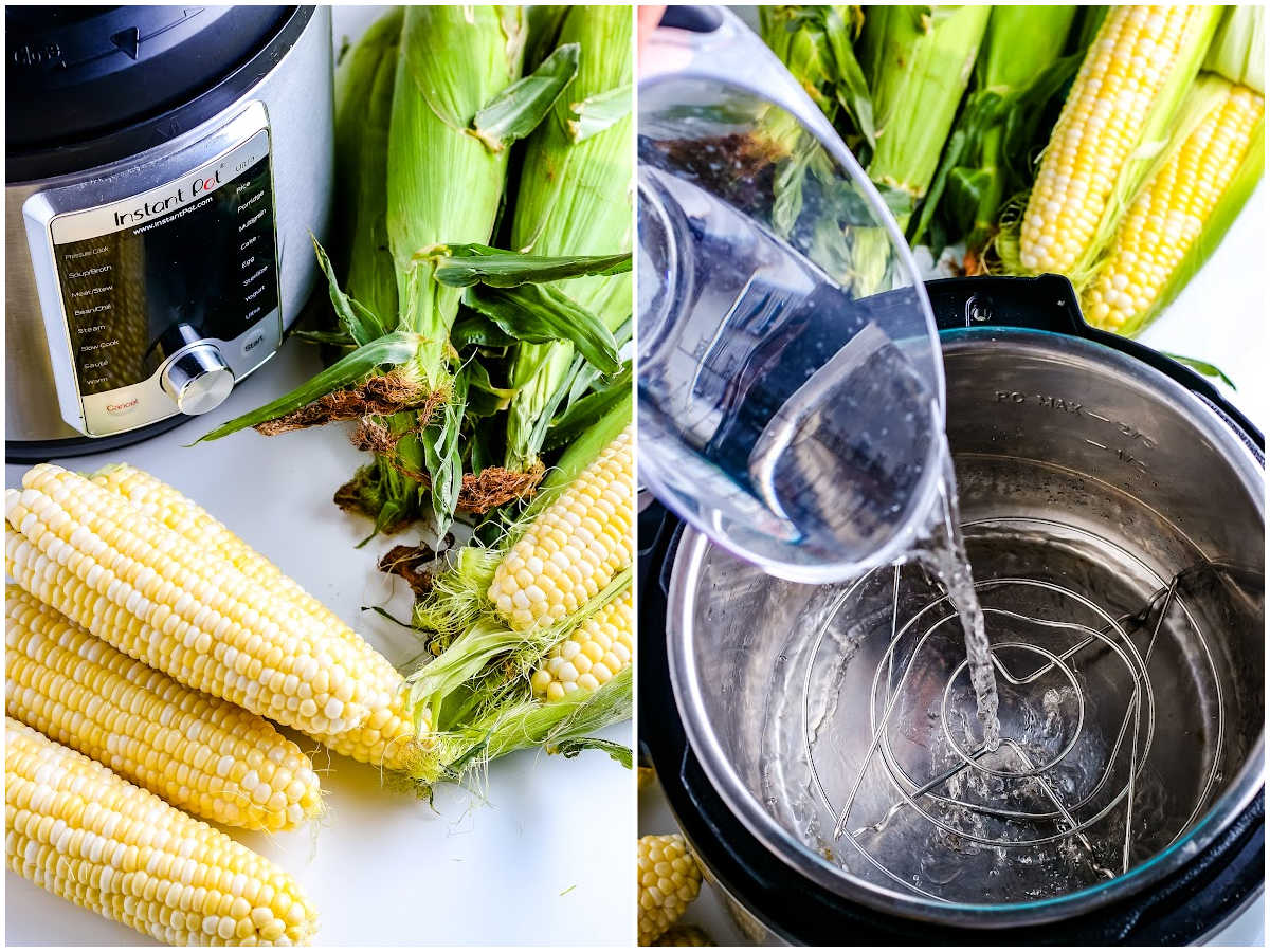 a collage showing how to make corn on the cob in the instant pot by shucking the corn and pouring water into the pot