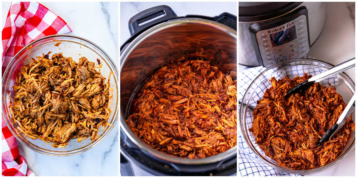 a collage showing how to make instant pot pulled pork by shredding the pork, mixing the pork with the sauce, and serving the shredded pork