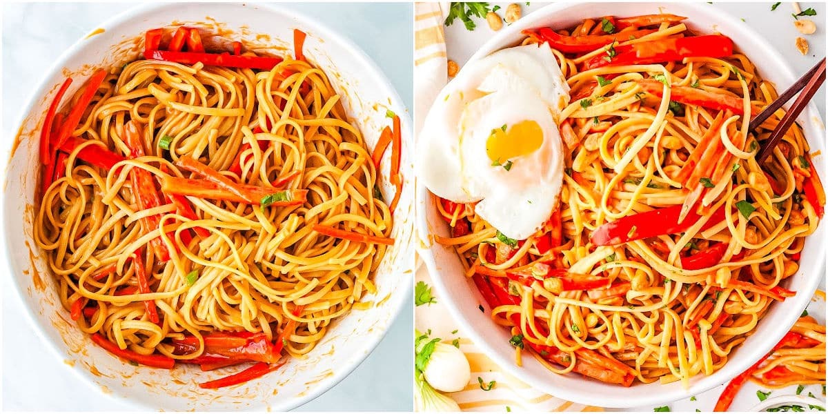 a collage for steps in making thai noodles by mixing the ingredients and then garnishing for serving