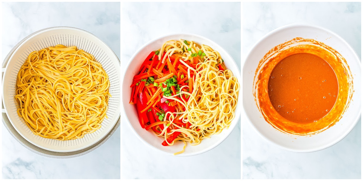 a collage of the steps for making thai peanut noodles by cooking the noodles, chopping the veggies and mixing the sauce