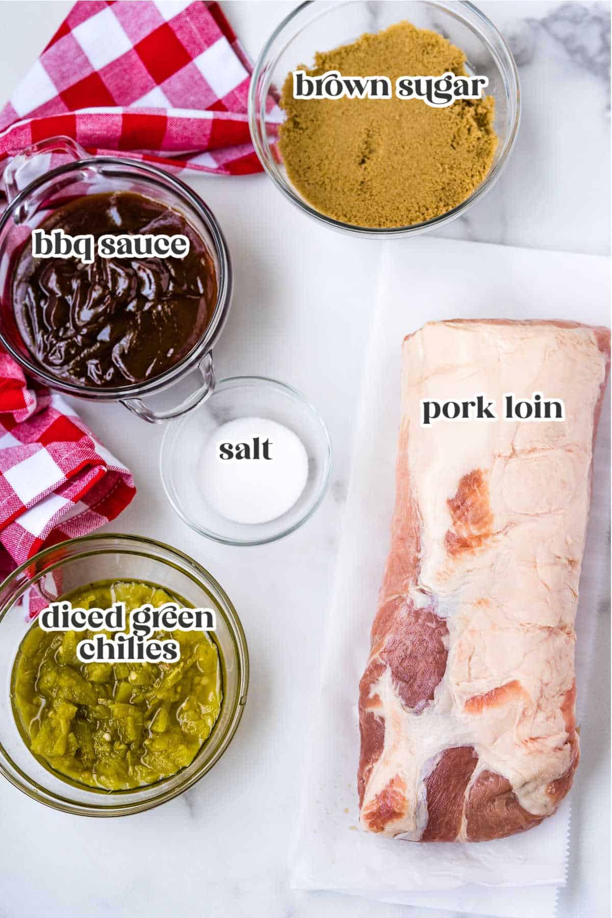 ingredients for instant pot bbq pulled pork with text overaly