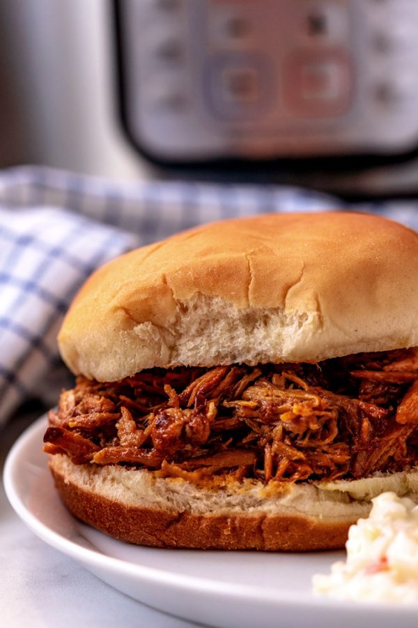Pulled pork on a bun on a white plate.