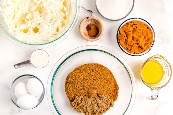 All of the ingredients needed to make mom's pumpkin cheesecake.