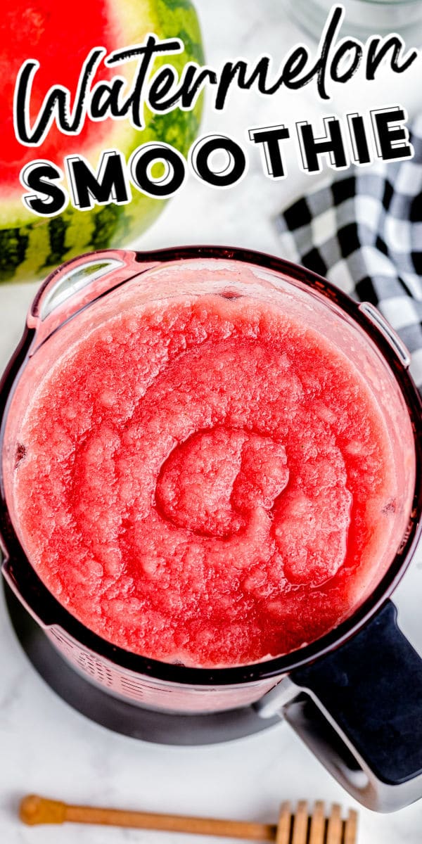 Finished watermelon smoothie with text overlay for Pinterest.