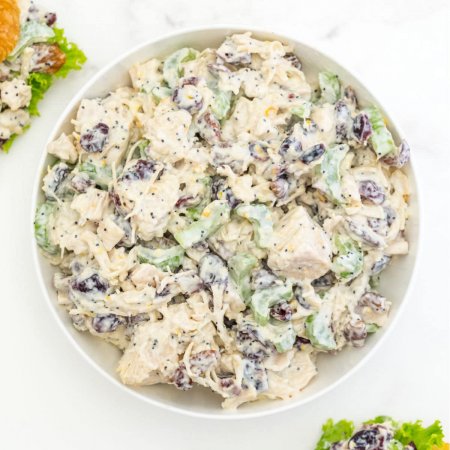 An overhead picture of easy chicken salad in a white bowl.