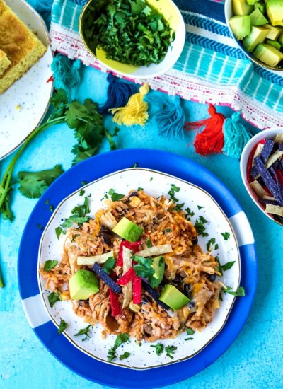 An overhead picture of taco rice casserole on a plate.