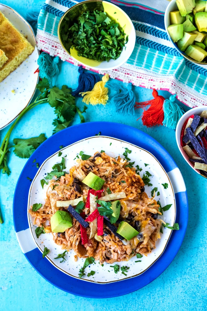 An overhead picture of taco rice casserole on a plate.