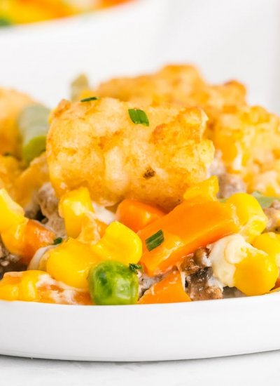 A close up picture of tater tot casserole on a white plate.