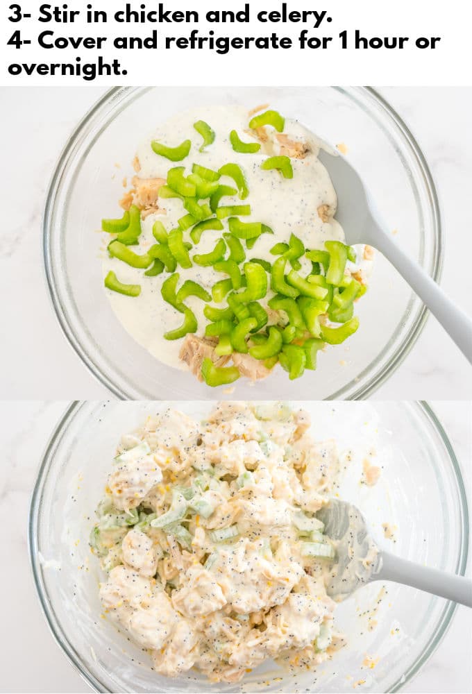 A spoon mixing together the cream mixture and celery