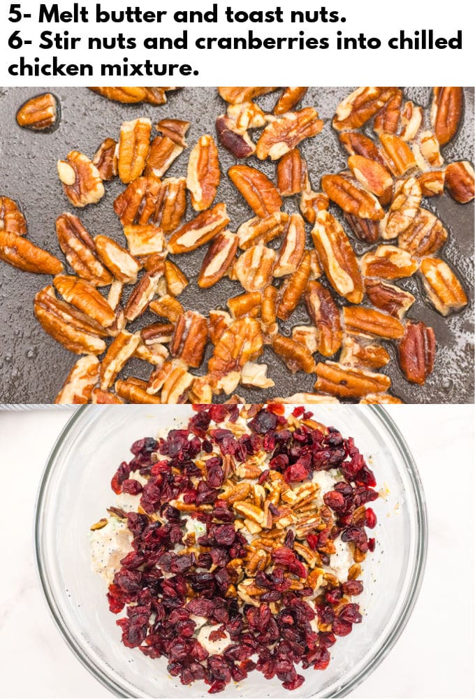 The chicken mixture in a bowl with pecans and dried cranberries.