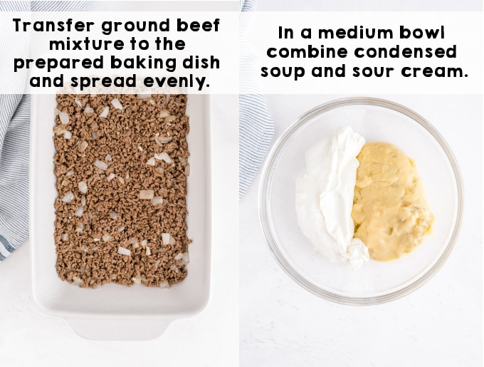 The beef mixture layered into the bottom of a 9 by 13-inch pan.