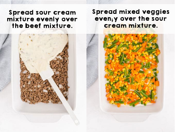 The cream mixture being spread over the meat mixture.