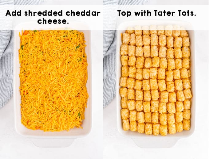 The tater tot casserole before it is baked.