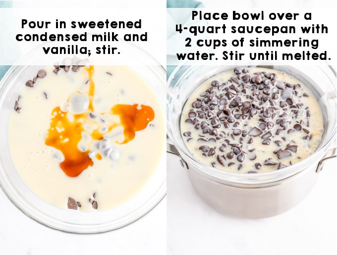 chokolade, sødet kondenseret mælk og vanilje i en skål sat over en dobbelt slagtekylling.