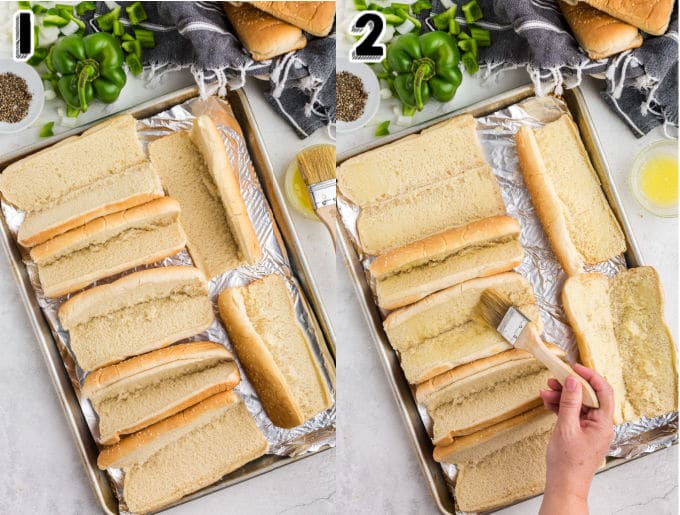 Butter being brushed on submarine buns.
