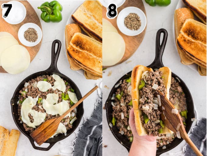 The cheesesteak filling being spooned into toasted submarine rolls.