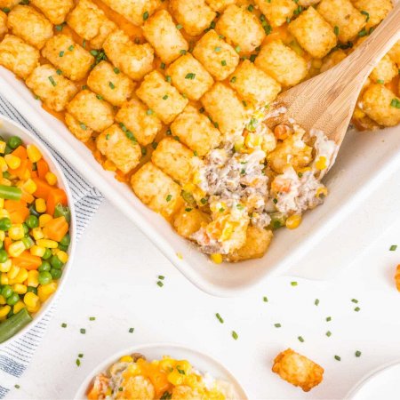 An overhead picture of the finished tater tot casserole with ground beef.