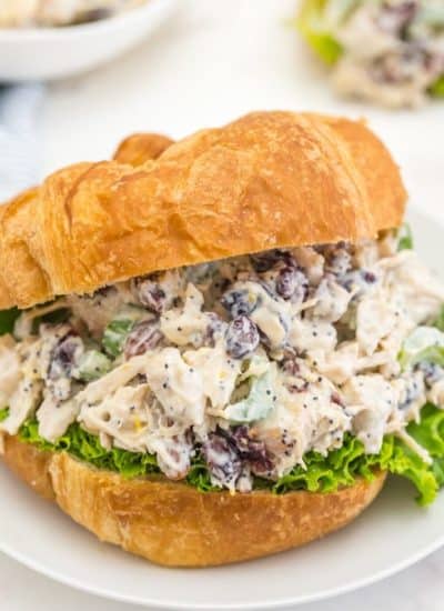 Chicken salad with cranberry and pecans on a croissant with lettuce.