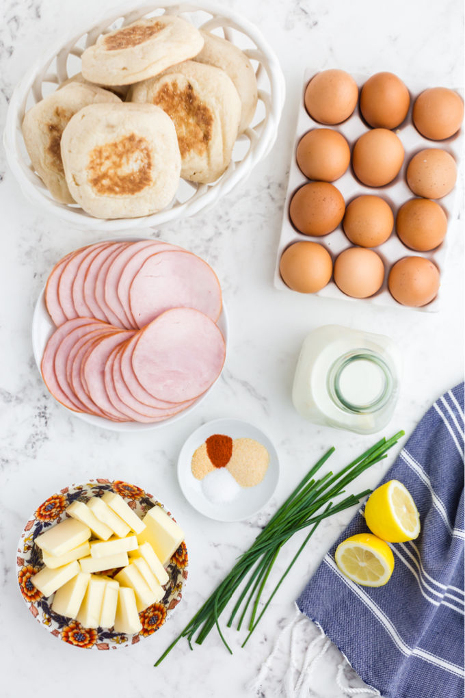 An overhead picture of all the ingredients to make Overnight Eggs Benedict Casserole.