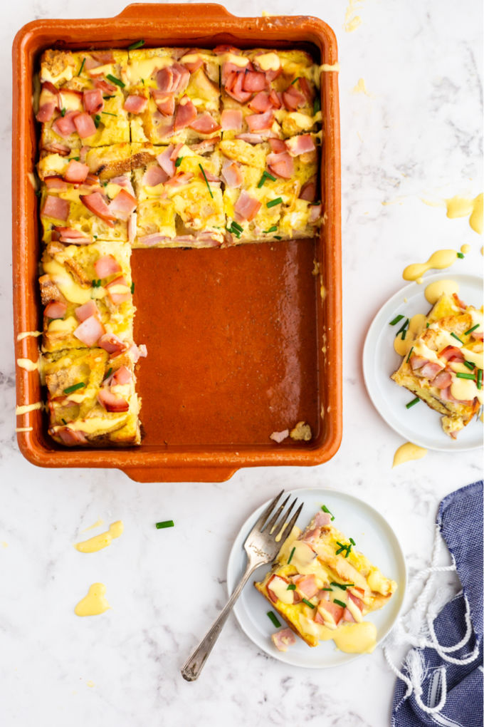 An overhead picture of the finished Eggs Benedict Casserole.
