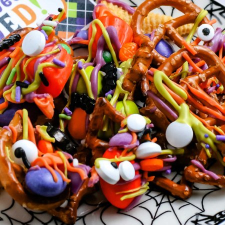 A zoomed in picture of the finished Halloween Snack Mix.